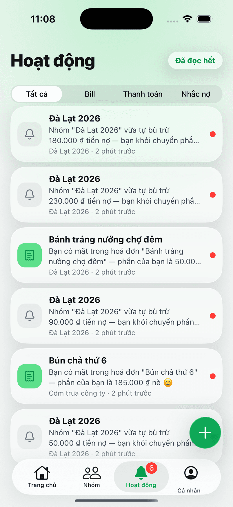 Màn hình Hoạt động trong Dono: dòng thời gian bill mới, thanh toán và các lần tự bù trừ, lọc theo từng loại