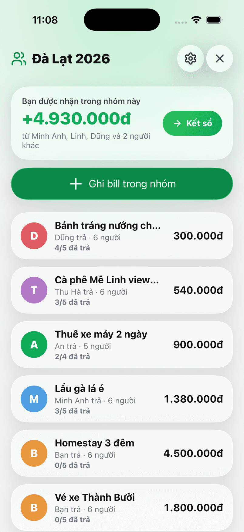 Màn hình nhóm Đà Lạt 2026 trong Dono: số dư của bạn trong nhóm và danh sách hoá đơn kèm tiến độ ai đã trả