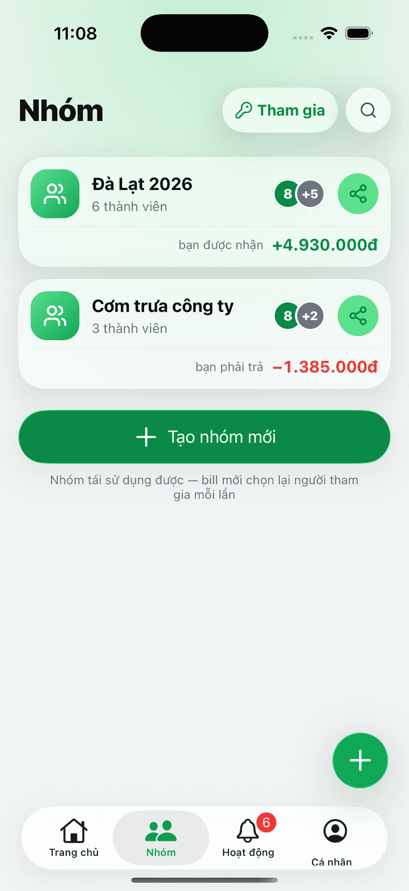 Màn hình danh sách nhóm trong Dono: mỗi nhóm một thẻ kèm số bạn được nhận hoặc phải trả trong nhóm đó