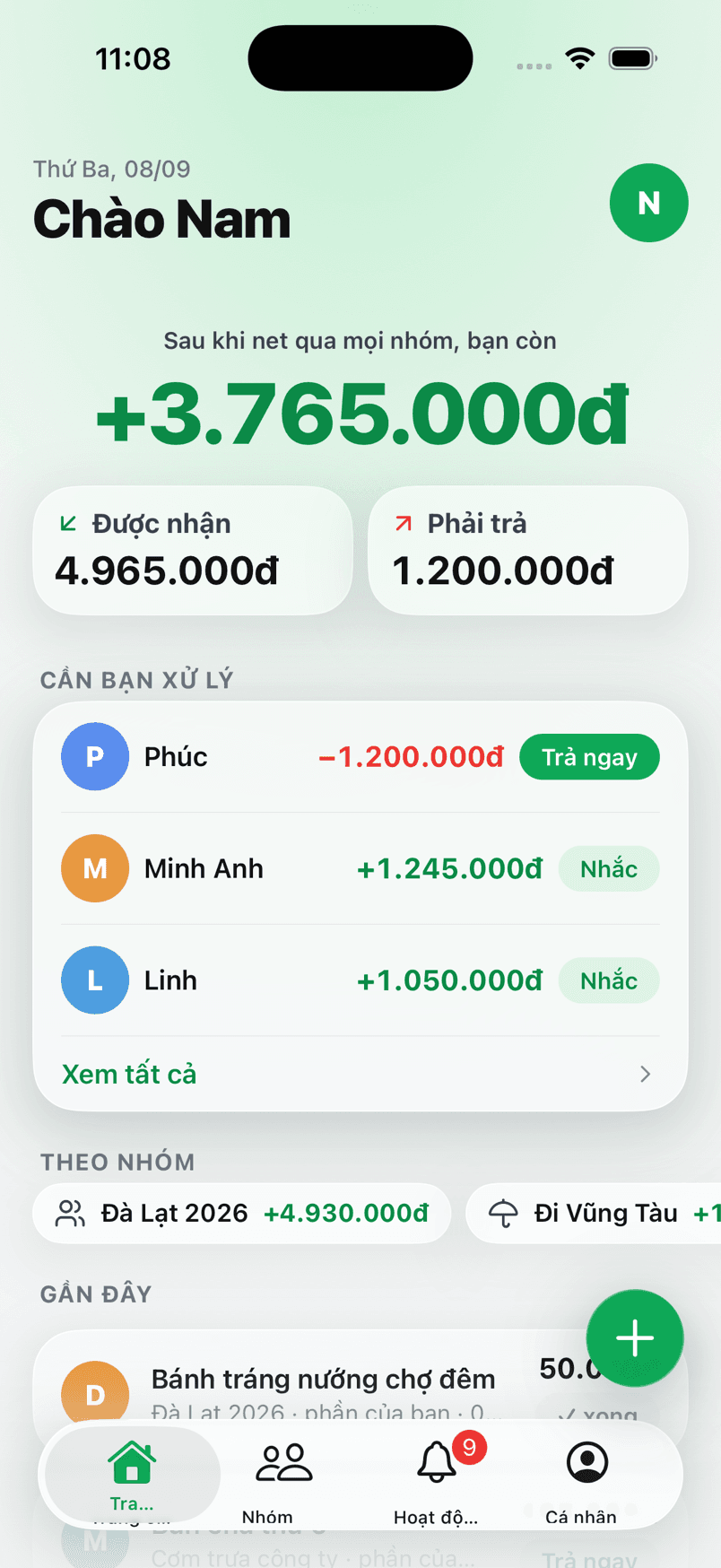 Màn hình chính của Dono: sổ của bạn, hai thẻ tổng và danh sách hoạt động gần đây