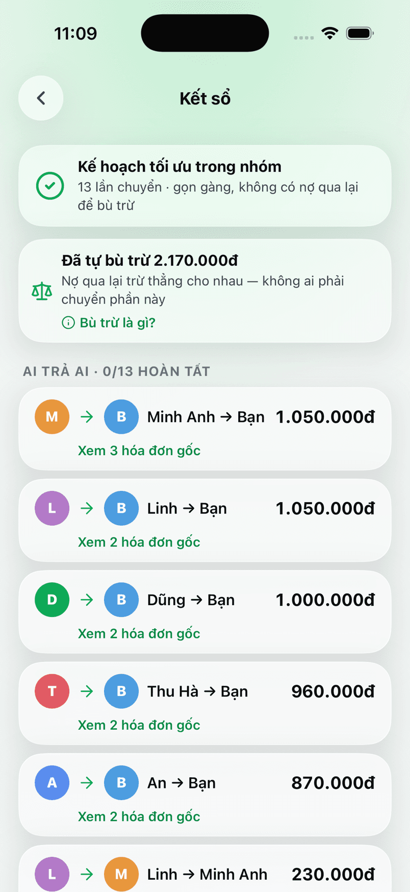 Màn hình kết sổ nhóm trong Dono: phần đã tự bù trừ và danh sách ai chuyển cho ai